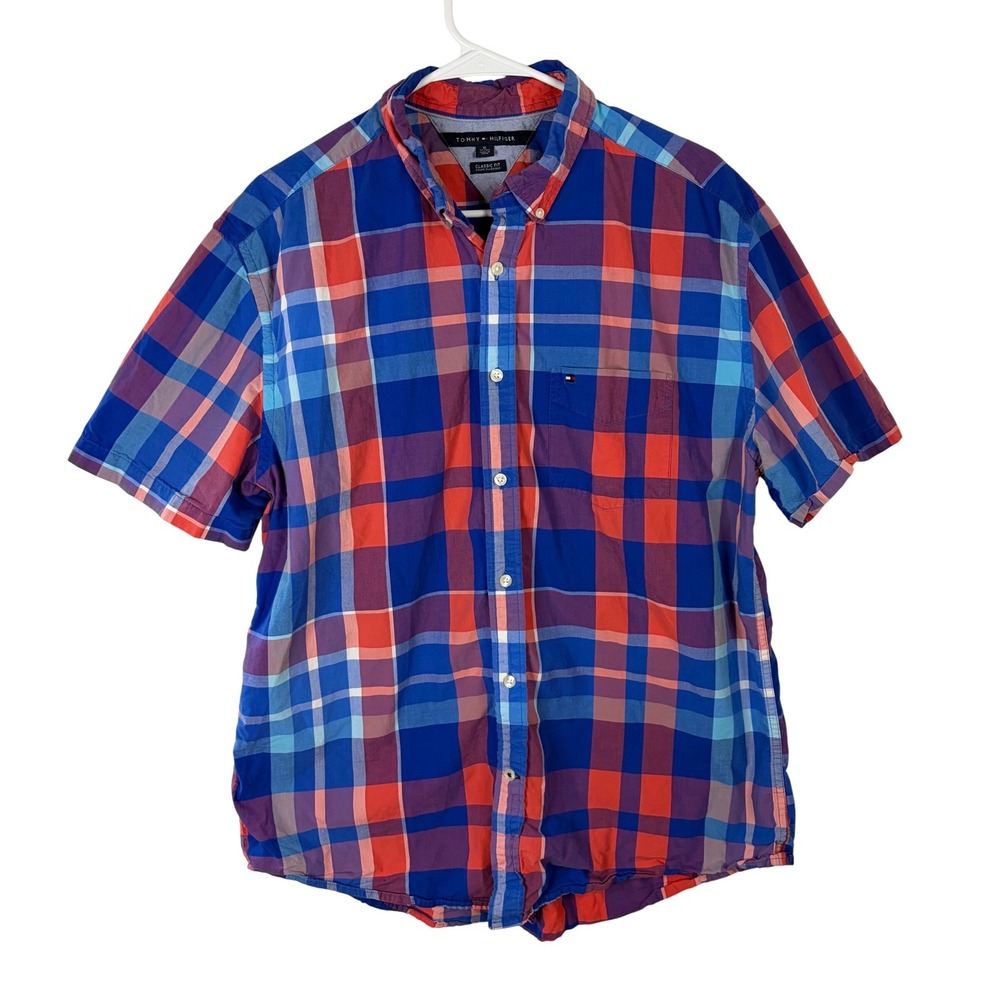 Tommy Hilfiger Mens XL Classic Fit Plaid Short Sleeve Button Down Shirt Blue Red